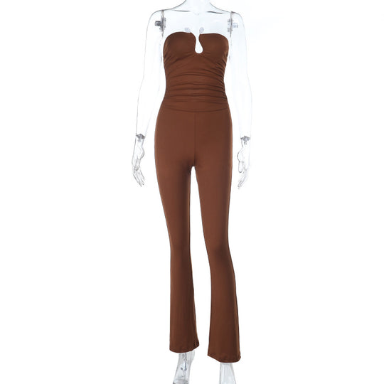 Damen eleganter schulterfreier Jumpsuit mit tiefem Schlüssel-Ausschnitt und figurbetontem Schnitt EB