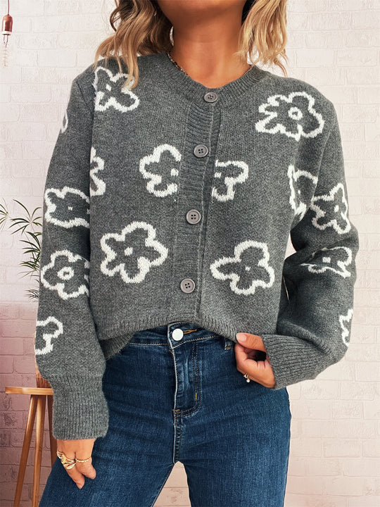Damen Strickjacke mit floralem Muster und Knopfverschluss EB