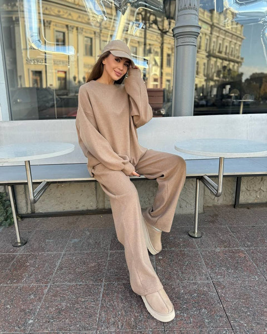 Damen Weiches Oversized-Strick-Loungewear-Set mit legerem Rundhals-Pullover und weiter Komforthose EB