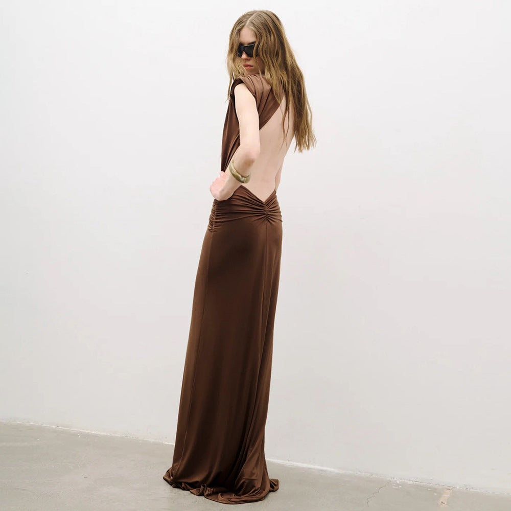 Damen elegantes Maxikleid mit tiefem V-Ausschnitt und drapiertem Bund EB