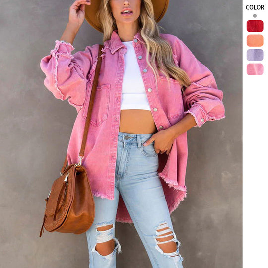 Damen nan oversized Hemdjacke im Used‑Look mit ausgefransten Kanten und aufgesetzten Pattentaschen EB