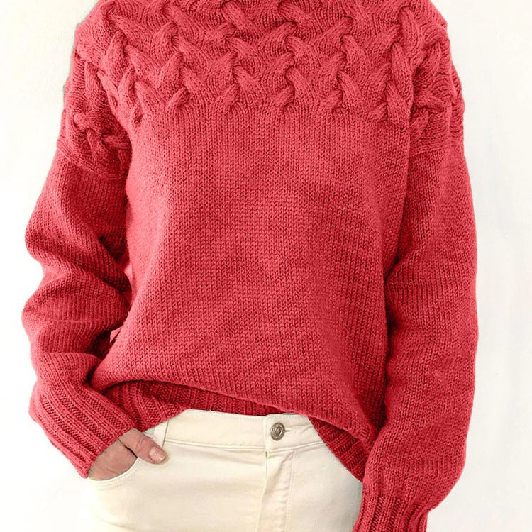 Damen Strickpullover mit hochgeschlossenem Kragen und trendigem Zopfmuster EB