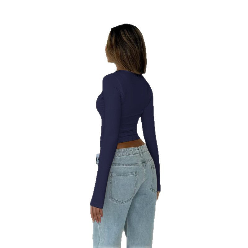 Damen Enganliegendes Langarm-Croppedshirt mit V-Ausschnitt EB