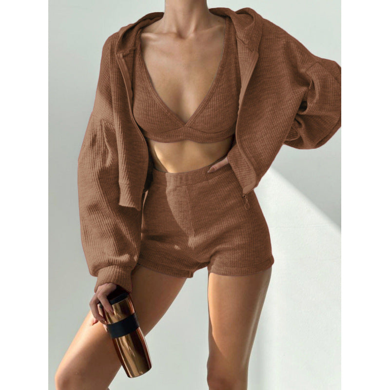 Damen nan kurzes geripptes Lounge-Set mit Kapuzen-Zipjacke und Highwaist-Shorts EB