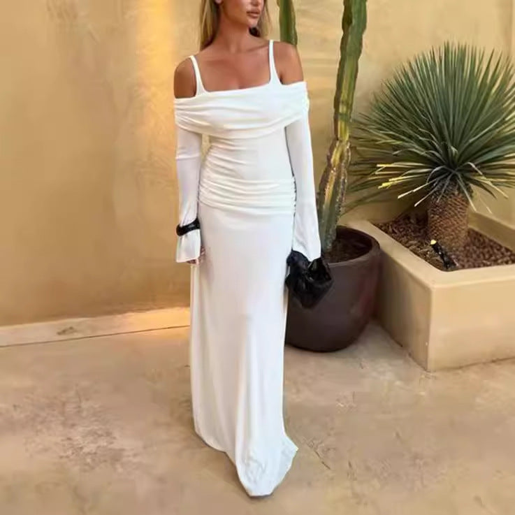 Damen Elegantes Maxikleid mit schulterfreiem Design und Raffungen EB