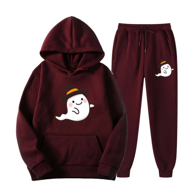 Unisex nan kuscheliger Kapuzenpullover und Jogginghose Set mit Halloween-Geistprint EB