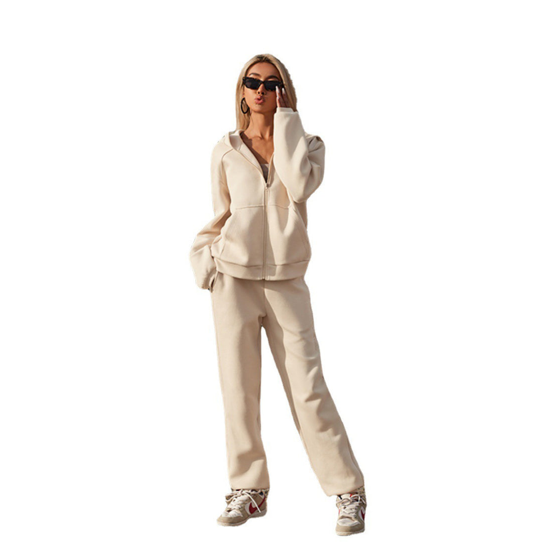 Damen nan athletisches Freizeit-Set mit Zip-Hoodie im Oversize-Schnitt und taillenhoher Komfort-Jogginghose EB