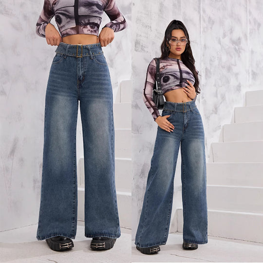Damen Weite Denim-Hose mit hoch tailliertem Bund und modischen Schnallen EB