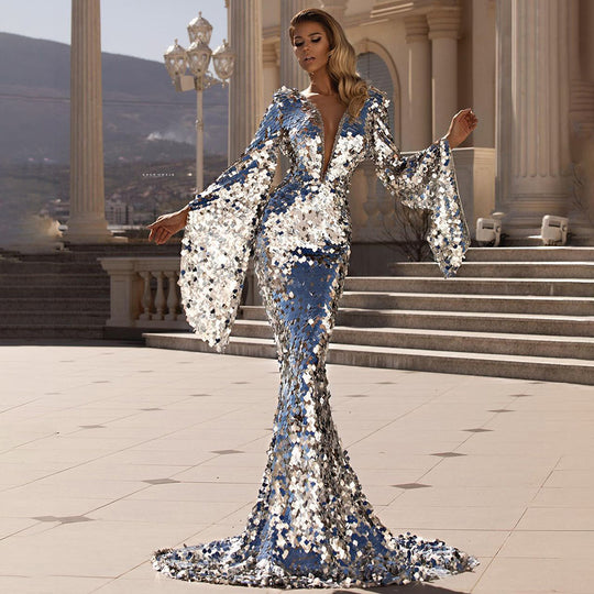 Damen Glamouröses Pailletten Abendkleid mit tiefem V-Ausschnitt und langen Ärmeln EB