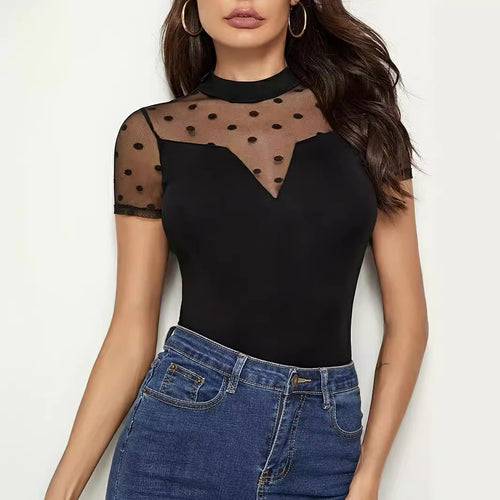 Damen Bodysuit mit transparenten Punkten und hochgeschlossenem Kragen EB