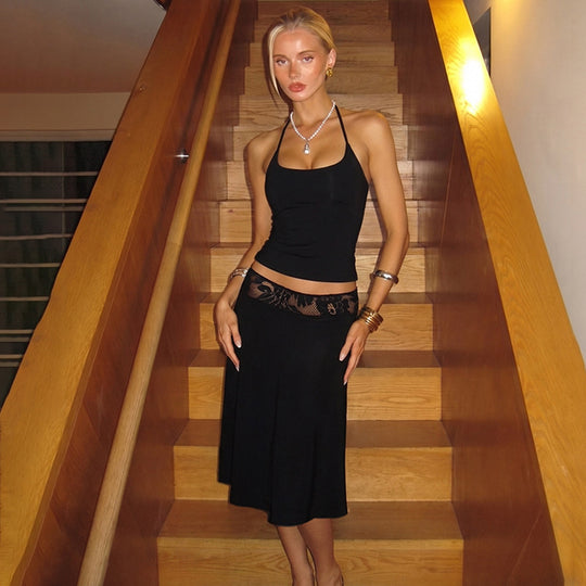 Damen elegantes Trägerkleid mit Spitzenakzent und fließendem Schnitt EB