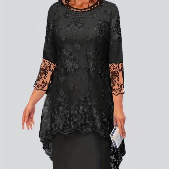 Damen Elegantes Blusen-Kleid mit floralen Spitze-Ärmeln und schwingendem Saum EB