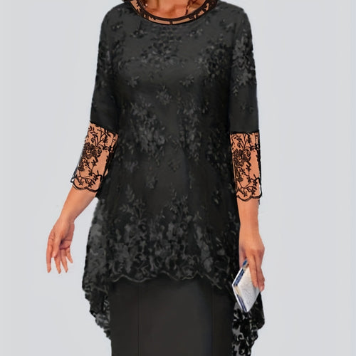 Damen Elegantes Blusen-Kleid mit floralen Spitze-Ärmeln und schwingendem Saum EB
