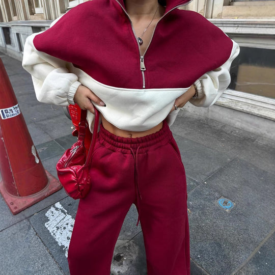 Damen Oversized Zweifarbiges Half-Zip Loungewear-Set mit Stehkragen und weitem Palazzo-Jogger EB