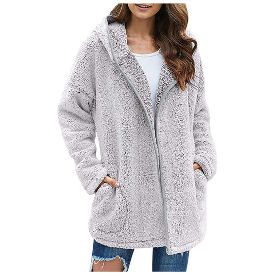 Damen Flauschige Kapuzenjacke im oversized Schnitt mit Eingrifftaschen und Reißverschluss EB