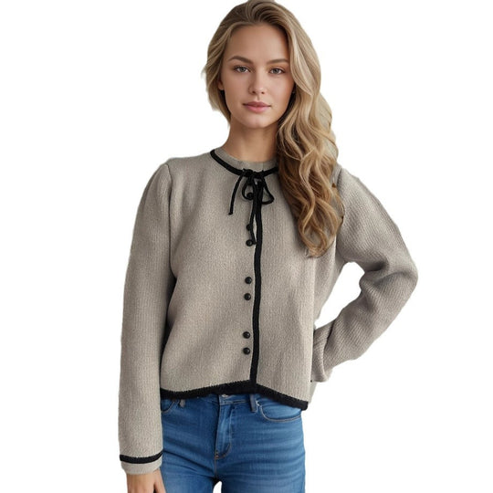 Damen kuschelige Strickjacke mit dekorativen Knopfdetails und Bindeverschluss EB