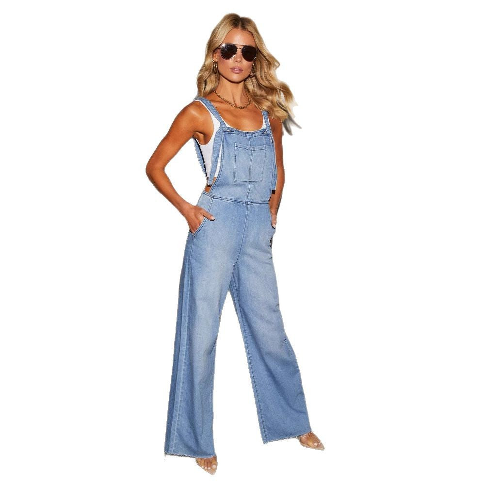 Damen lässiger Denim-Overall mit weitem Bein und verstellbaren Trägern EB