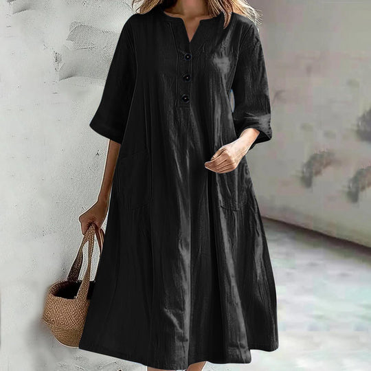 Damen nan locker fallendes A-Linien Kleid mit V-Ausschnitt-Knopfleiste, 3/4-Ärmeln und aufgesetzten Eingrifftaschen EB