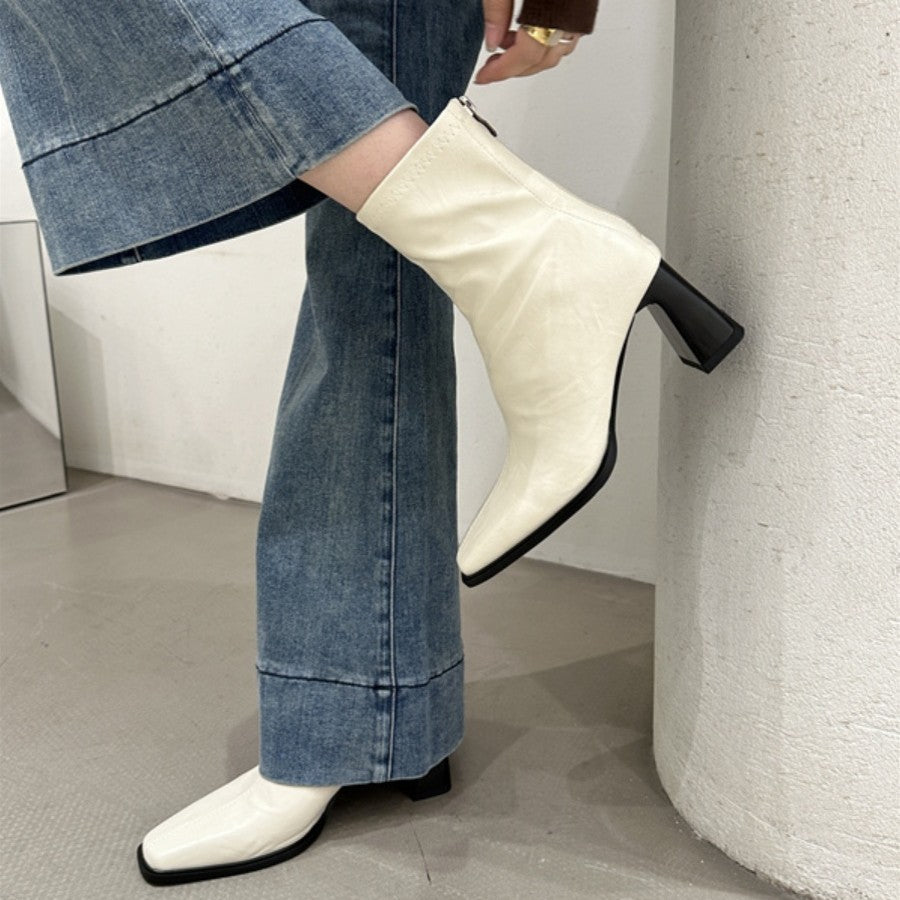 Damen Trendige Ankle Boots mit hohem Blockabsatz und edler Lederoberfläche EB