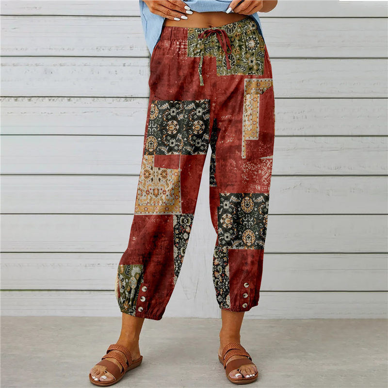 Damen modische Baumwoll-Hose mit floralem Design und elastischem Bund EB
