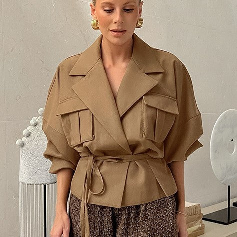Damen Elegante Utility-Jacke mit Taillengürtel und praktischen Taschen EB