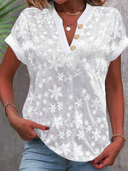 Damen Bluse mit floralem Stickmuster und klassischem V-Ausschnitt EB