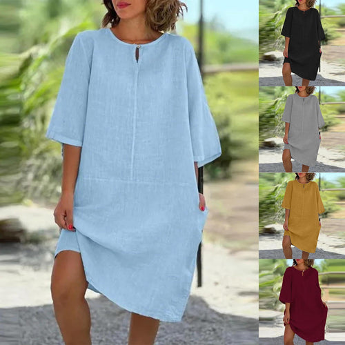 Damen luftig geschnittenes Kleid mit praktischen Taschen und elegantem Ausschnitt EB