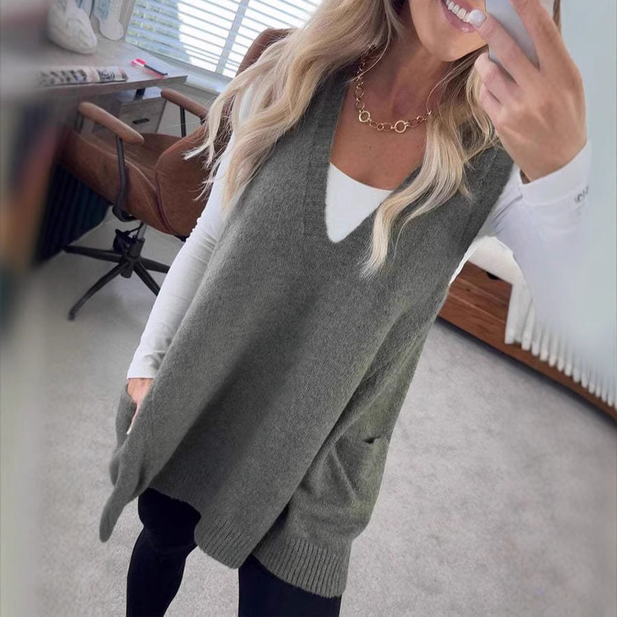 Damen Bequemer Strick-Poncho mit seitlichen Taschen EB