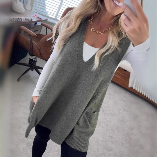 Damen Bequemer Strick-Poncho mit seitlichen Taschen EB