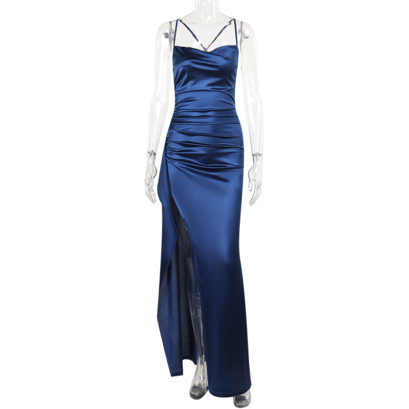 Damen elegantes Satin-Kleid mit tiefem Schlitz und verstellbaren Spaghetti-Trägern EB
