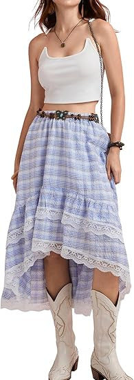 Damen Boho Maxi-Rock mit asymmetrischem Saum und Spitzenverzierungen EB