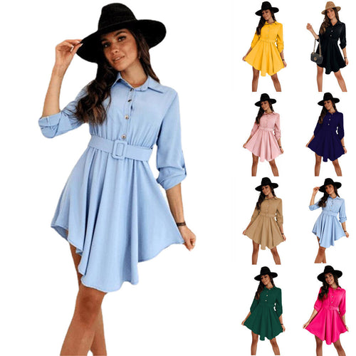 Damen Knielanges Hemdblusenkleid mit Taillengürtel und eleganten Details EB