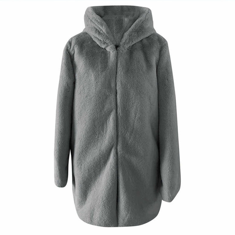 Damen Flauschige Kapuzenjacke aus Kunstfell mit dekorativem Schnitt EB