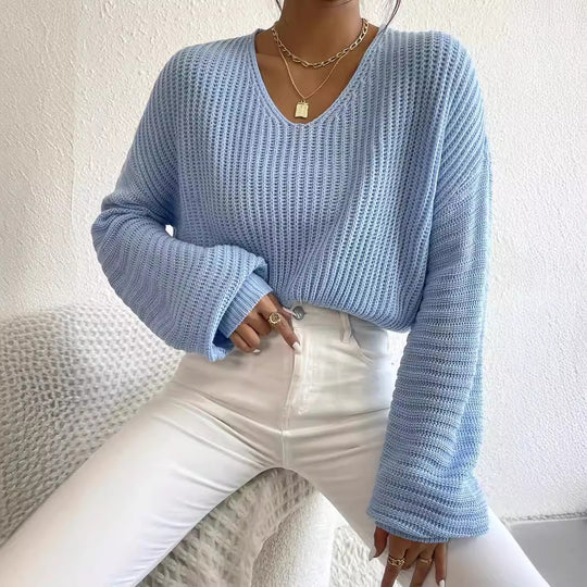 Damen lässiger Sweater mit weitem V-Ausschnitt und langen Ärmeln EB
