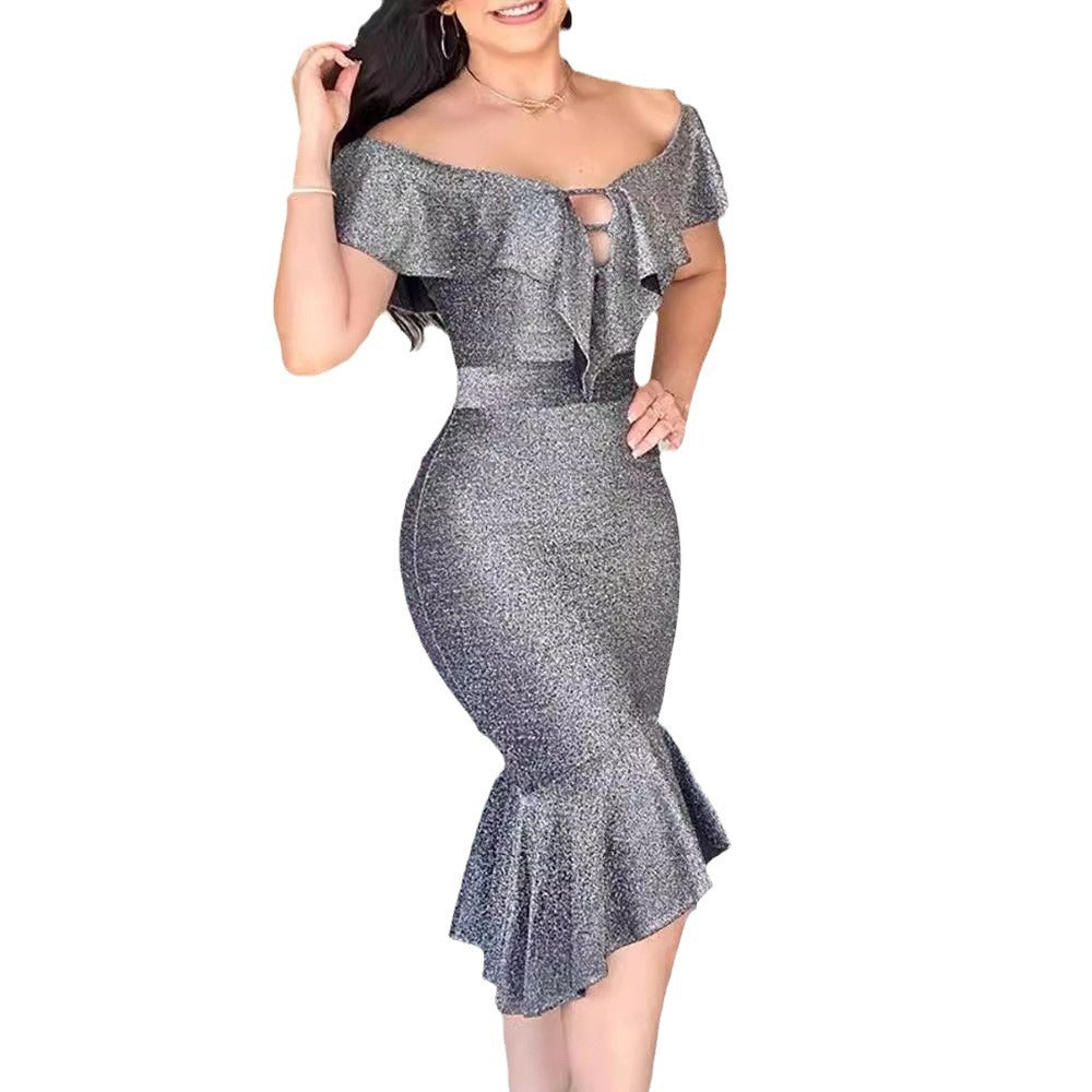 Damen figurbetontes Abendkleid mit Volant und Off-Shoulder Design EB