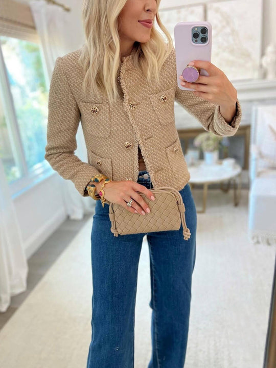 Damen elegante Tweed-Jacke mit Fransen und dekorativen Knöpfen EB
