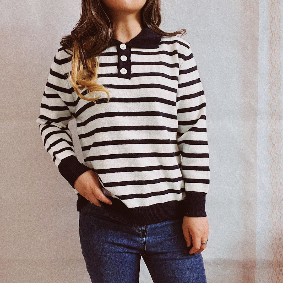 Damen legerer Streifenpullover mit Knopfleiste und weitem Schnitt EB