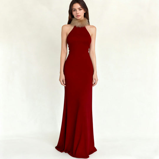 Damen Elegantes Maxikleid mit luxuriösem Kunstpelzkragen EB