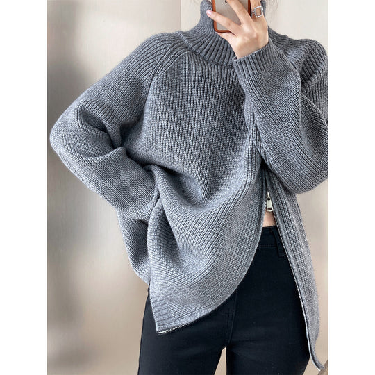 Damen lässiger Strickpullover mit seitlichem Reißverschluss und hohem Kragen EB