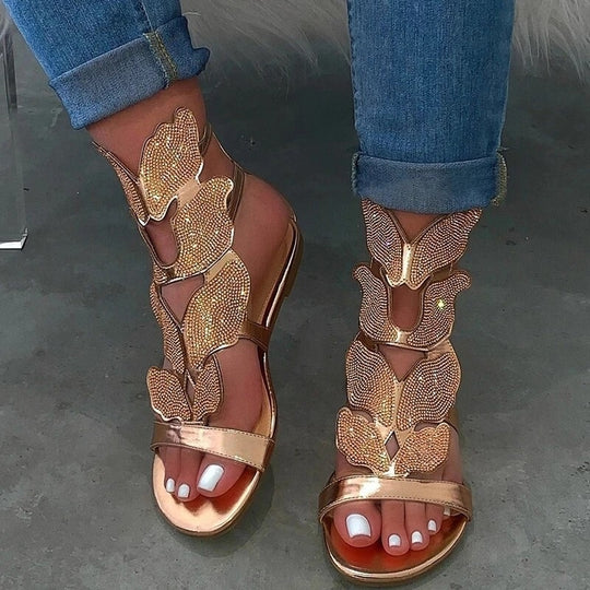 Damen Glitzernde Sandalen mit floralen Applikationen und verstellbarem Riemendesign EB
