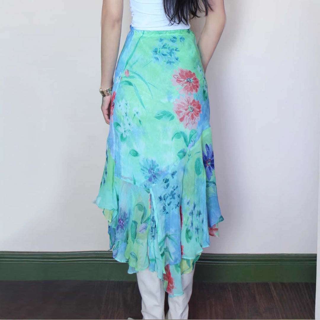 Damen asymmetrischer Rüschenrock aus floralem Chiffon EB