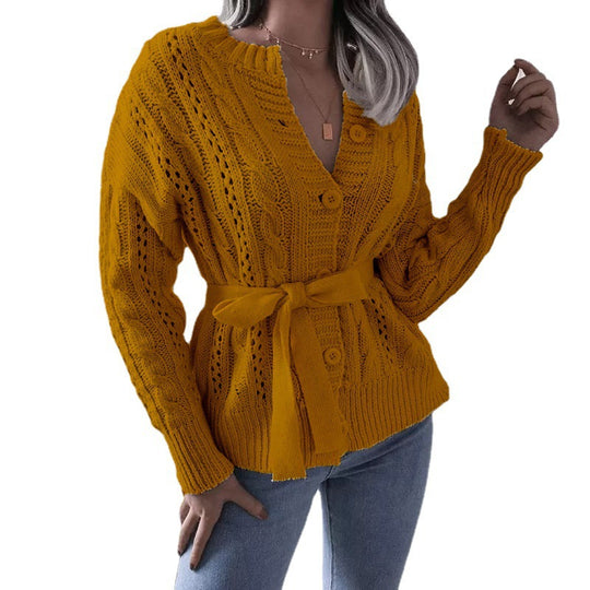 Damen Strickjacke mit Taillengürtel und raffinierten Lochmustern EB