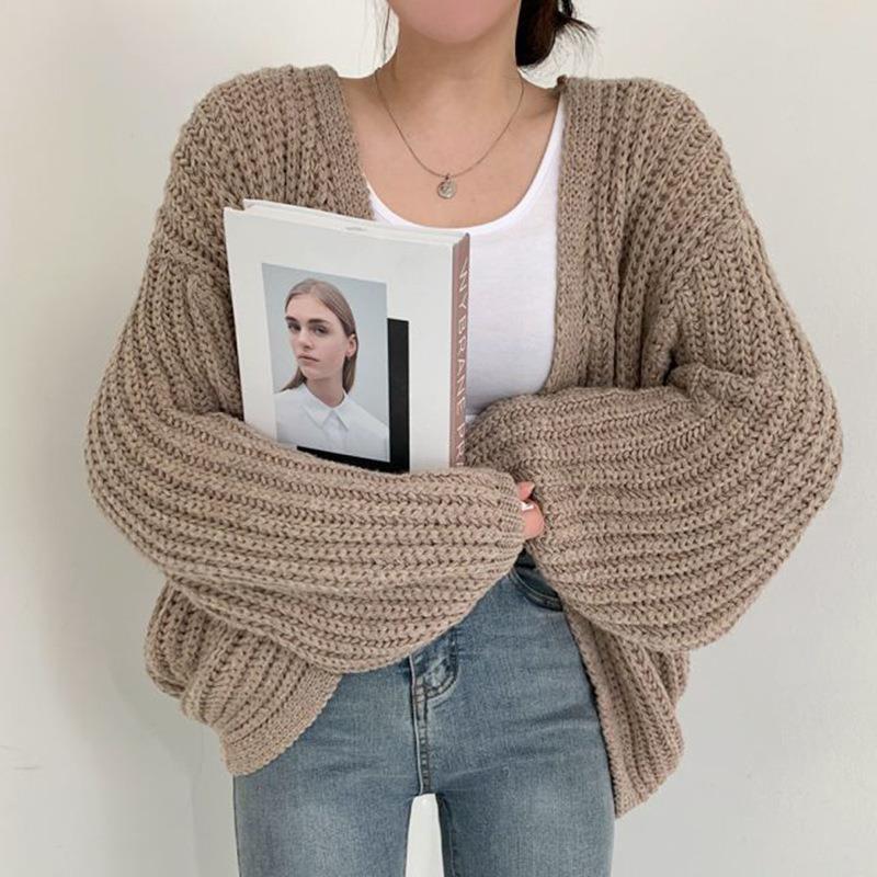 Damen grob gestrickte Oversized Cardigan mit tiefem V-Ausschnitt EB
