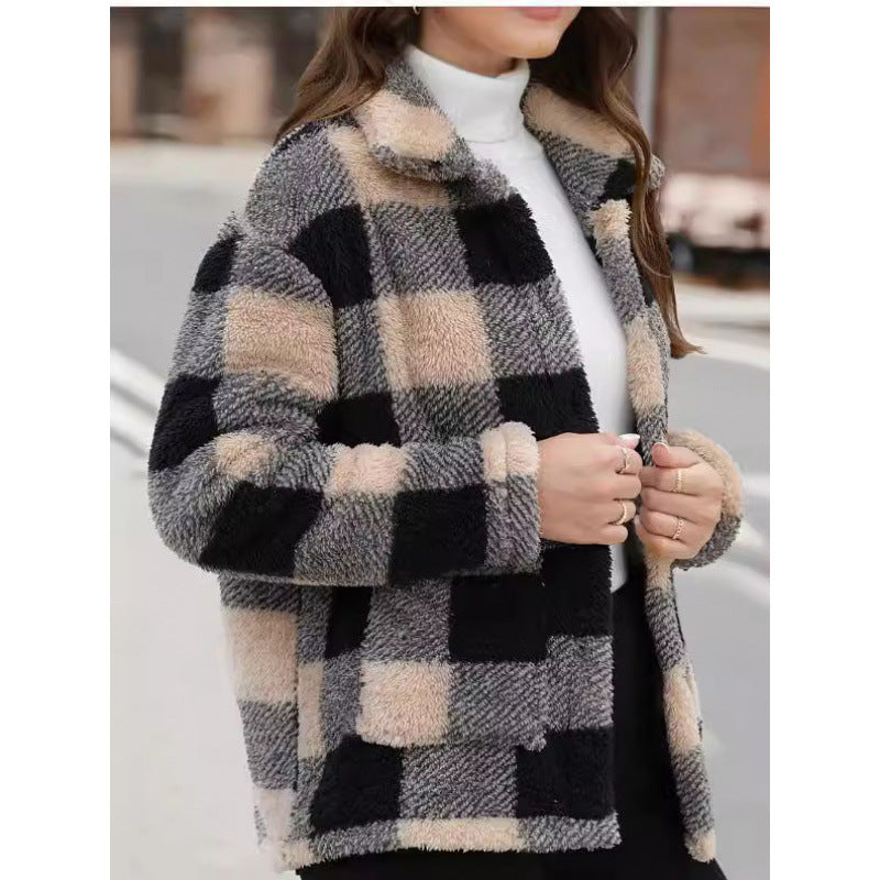 Damen kuschelige Plüschjacke mit Karomuster EB
