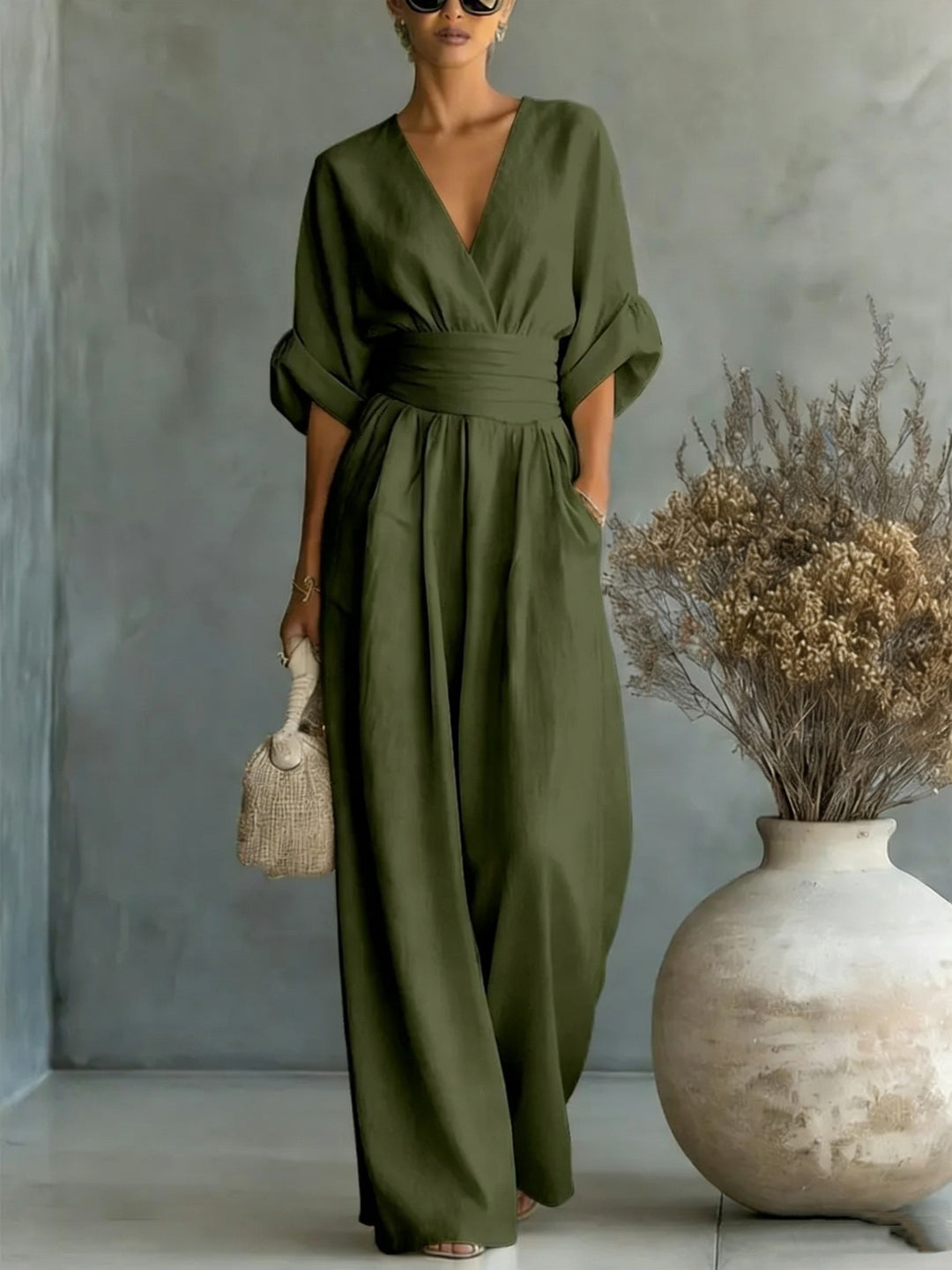 Damen Maxikleid mit V-Ausschnitt und Puffärmeln EB