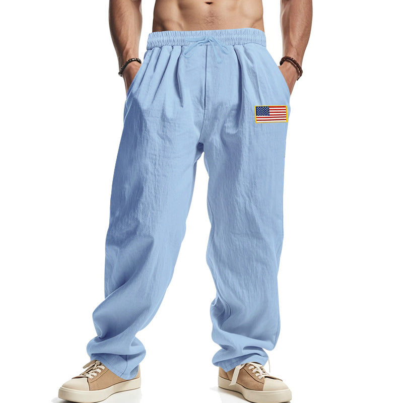 Herren Locker sitzende Freizeit-Hose im Leinen-Look mit elastischem Bund, Kordelzug & Flaggenpatch EB