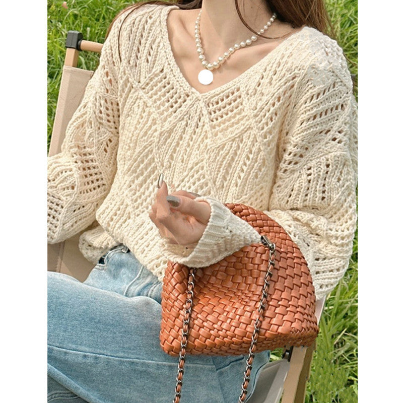 Damen Grobstrick Pullover mit innovativem Lochmuster und lässigem Schnitt EB