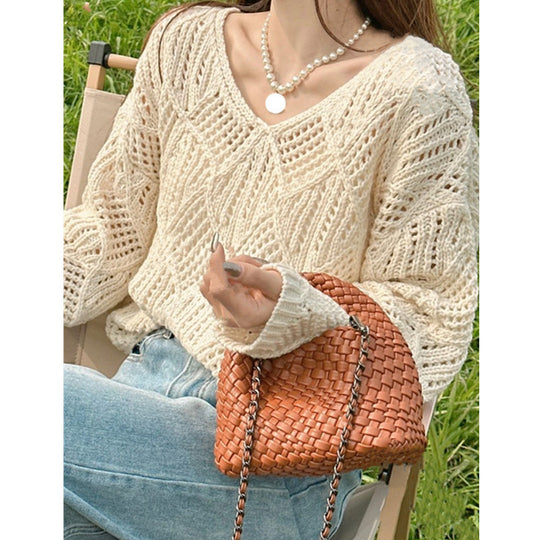 Damen Grobstrick Pullover mit innovativem Lochmuster und lässigem Schnitt EB