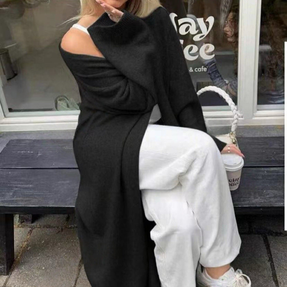 Damen Langer offener Strickmantel-Cardigan mit schulterfreiem Oversize-Schnitt und Kaschmir-Touch EB