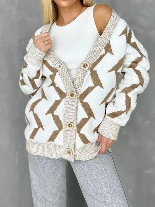 Damen gemütlicher Strickcardigan mit modernem Blitze-Design und Knopfverschluss EB